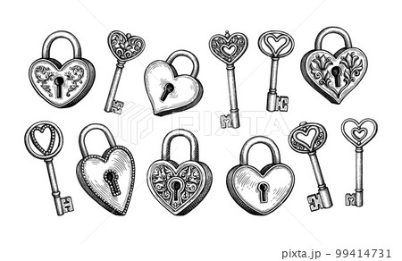 Vintage keys ink sketches set. - Stock Illustration [99187048] - PIXTA