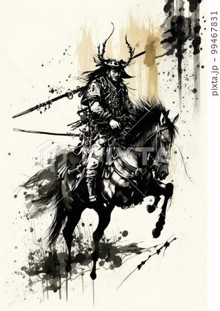 【真作】掛軸　武士と馬の躍動感ある墨彩画　戦国の風景　力強き武士の姿　Q161 真作】掛軸 武士と馬の躍動感ある墨彩画 戦国の風景