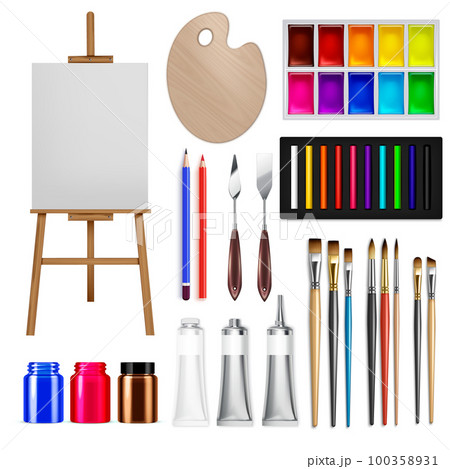 Art accessories. Artist painting tools and drawing supplies. Professional  brush and paint. Pencils clipart bundle. Pen and ink. Isolated stationery  set. Vector craft or hobby equipment Stock Vector