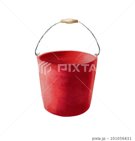 Watercolor drawing fishing bucket. Full of fish with red fins