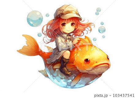 オリジナル手描きイラスト 金魚と戯れる女の子 女の子 金魚 魚 泳ぐのイラスト素材 - PIXTA