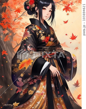 紅葉とたたずむ少女