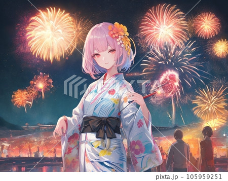 花火を見る浴衣の女性