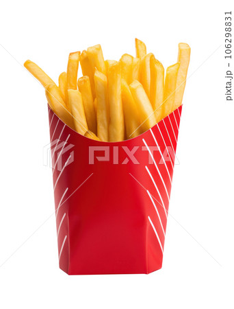 Hand Holding French Fries Red Paper Bag Isolated White Background