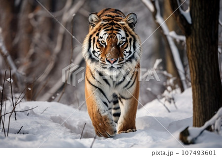 Cute Tiger cub playing in snow winter, Generative ai Stock