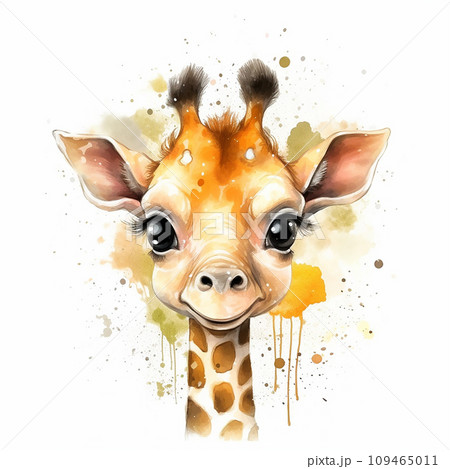 今年も話題の キリンの親子 動物好き 自己流 水彩画 絵画 - 絵画