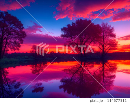 湖 景色 風景 ライトの写真素材 - PIXTA