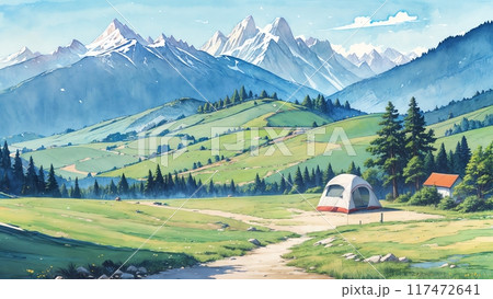 山の風景 水彩画　美馬牛 富士山の絵画 水彩画 横尾武之 作「朝霧高原の富士」 ヨーロッパ