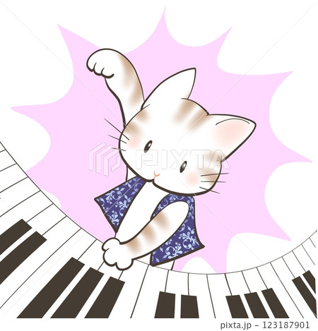 絵画。壁掛け原画【可愛い猫たちのロマンチックなピアノ演奏会】 Pianist cat The name is Neo ピアノ奏者のねこ その名はねお