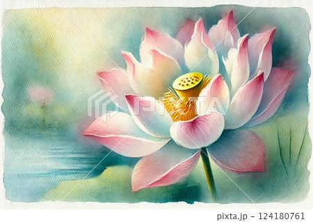 スイレンの花咲く池の風景 鳥取県 多鯰ヶ池 水彩画のイラスト