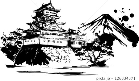 墨絵 城 日本 水墨画のイラスト素材 - PIXTA