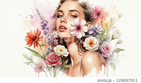 花に包まれた女性の水彩ファッションポートレートのイラスト素材