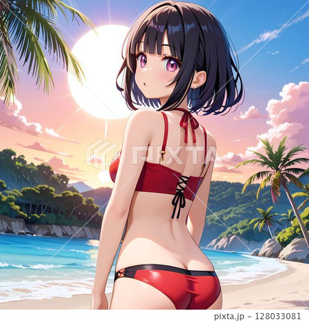 ビーチにいる水着の若い女性のイラスト素材 [128033081] - PIXTA