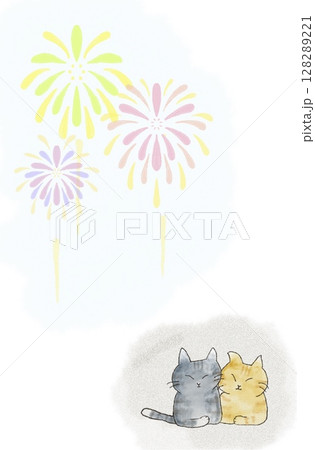 「 花火じゃらし 」B5大きめ 花火 盆おどり 猫イラスト 色鉛筆画 花火じゃらし 」B5大きめ 花火 盆おどり 猫イラスト 色鉛筆画