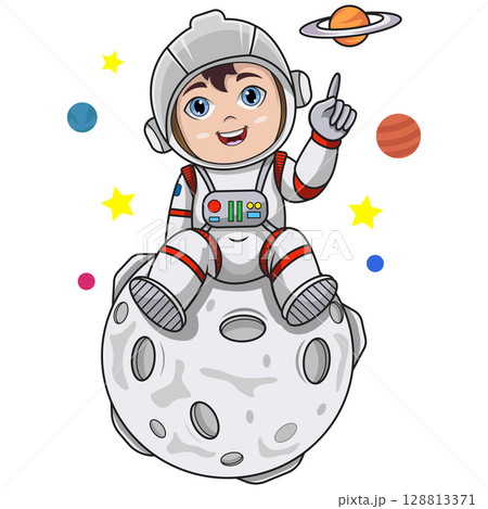 子供　手描きイラスト　宇宙船？ 宇宙船に乗っている子供のために描かれたレトロな質感は商業的な