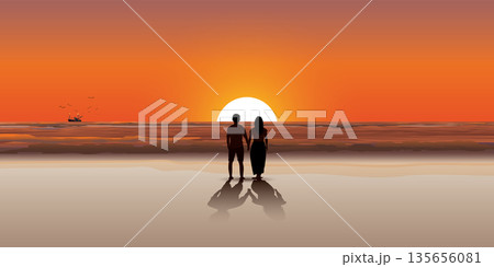 夕焼け 夕日 カップル シルエットのイラスト素材 - PIXTA