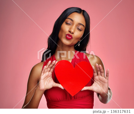 Kiss, heart and valentines day with a woman onの写真素材