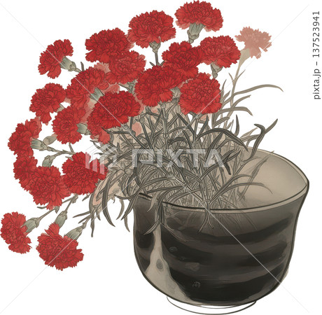 母の日】日本画・ボタニカルアート風のカーネーションのイラスト（花瓶