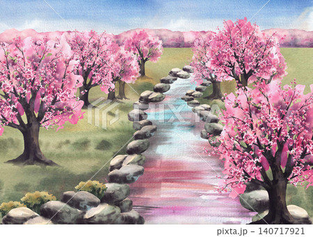 小川 桜 風景画 水彩画の写真素材 - PIXTA
